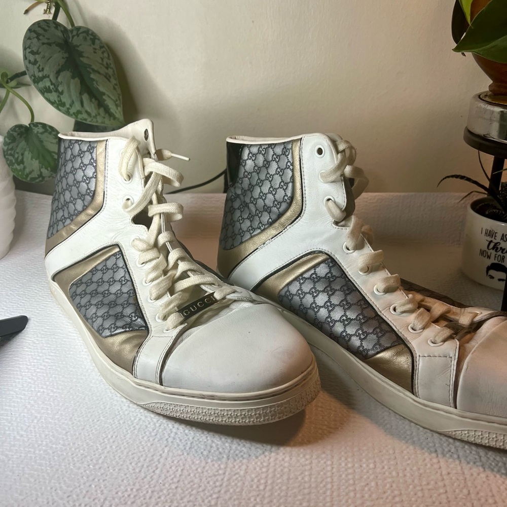Gucci White and Gold High-Top Sneakers - Picture 6 of 8